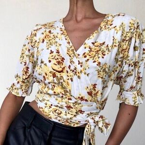 Faithfull the Brand Mali Wrap Top in Off White Goldie Floral Size XS